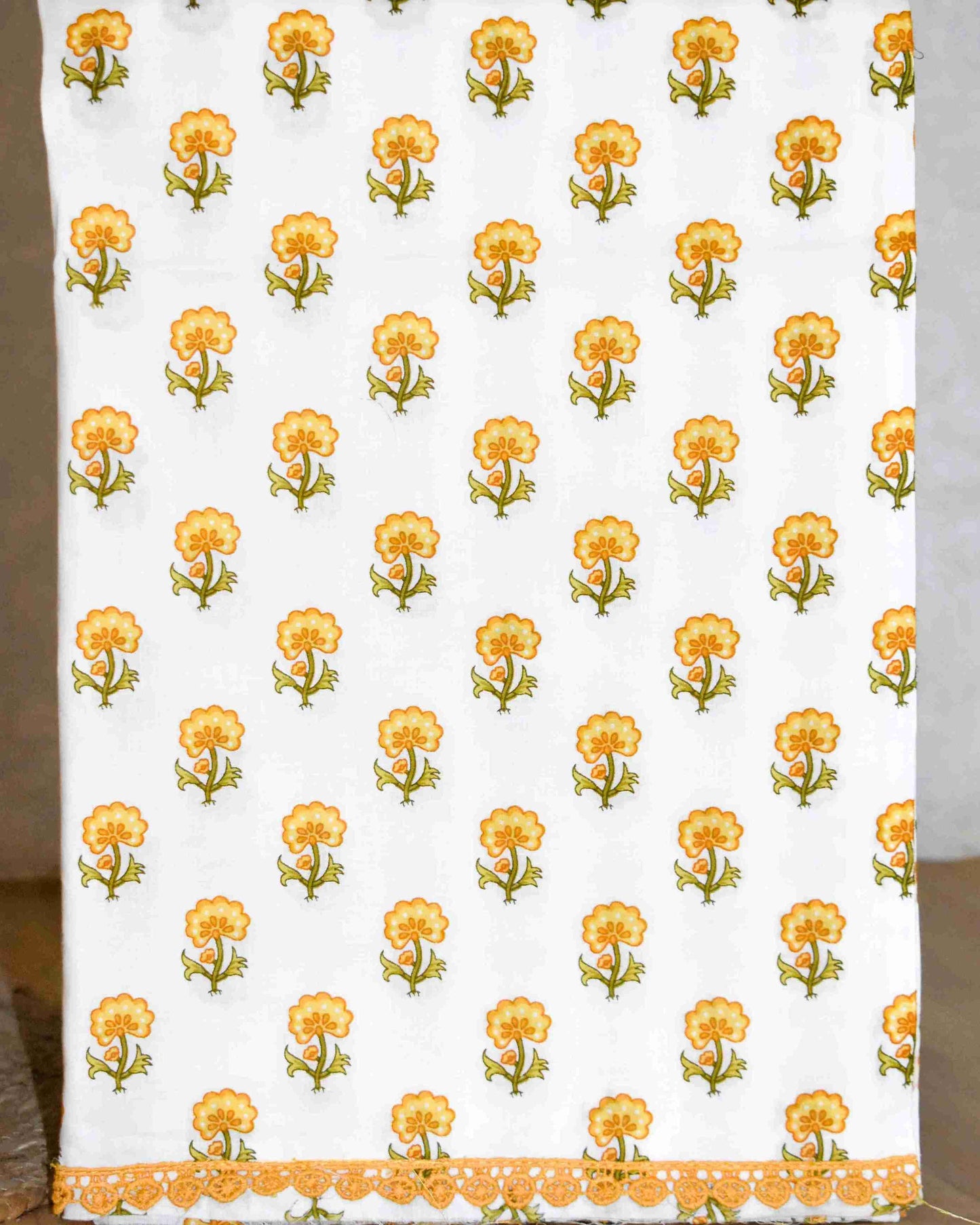 Yellow Paisley Hand Block Printed Cotton Suit with Neckwork and Pure Chiffon Dupatta