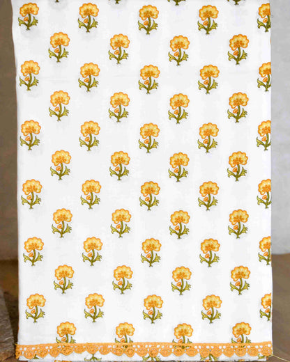 Yellow Paisley Hand Block Printed Cotton Suit with Neckwork and Pure Chiffon Dupatta