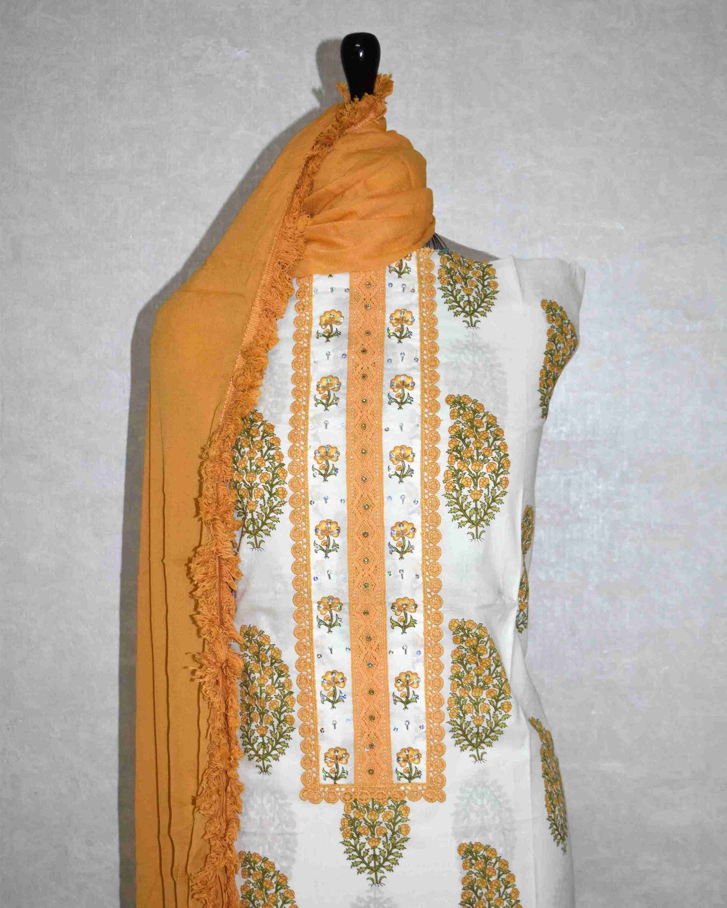 Yellow Paisley Hand Block Printed Cotton Suit with Neckwork and Pure Chiffon Dupatta