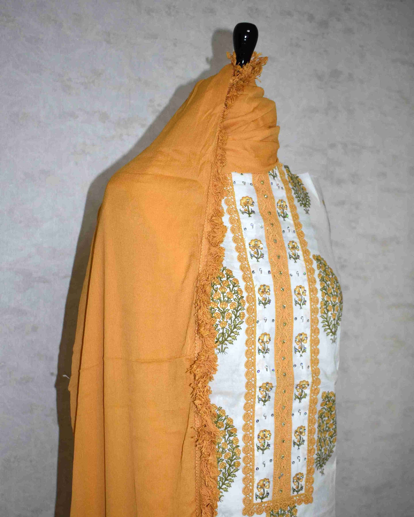 Yellow Paisley Hand Block Printed Cotton Suit with Neckwork and Pure Chiffon Dupatta