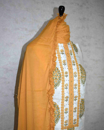 Yellow Paisley Hand Block Printed Cotton Suit with Neckwork and Pure Chiffon Dupatta
