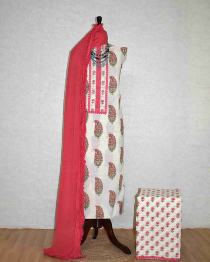 Pink Paisley Hand Block Printed Cotton Suit with Neckwork and Pure Chiffon Dupatta