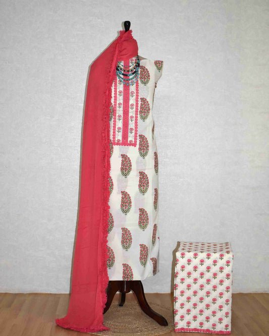 Pink Paisley Hand Block Printed Cotton Suit with Neckwork and Pure Chiffon Dupatta