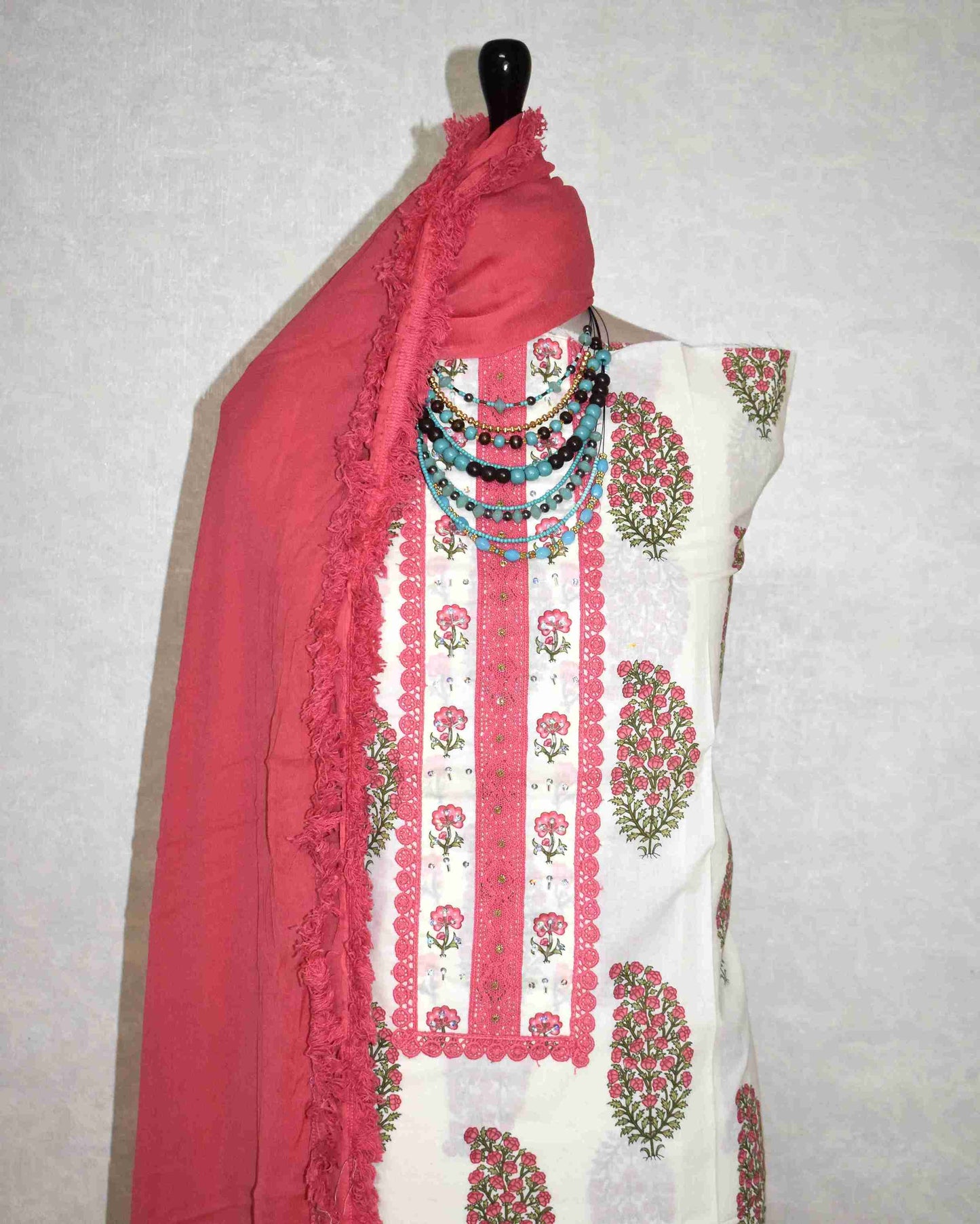 Pink Paisley Hand Block Printed Cotton Suit with Neckwork and Pure Chiffon Dupatta