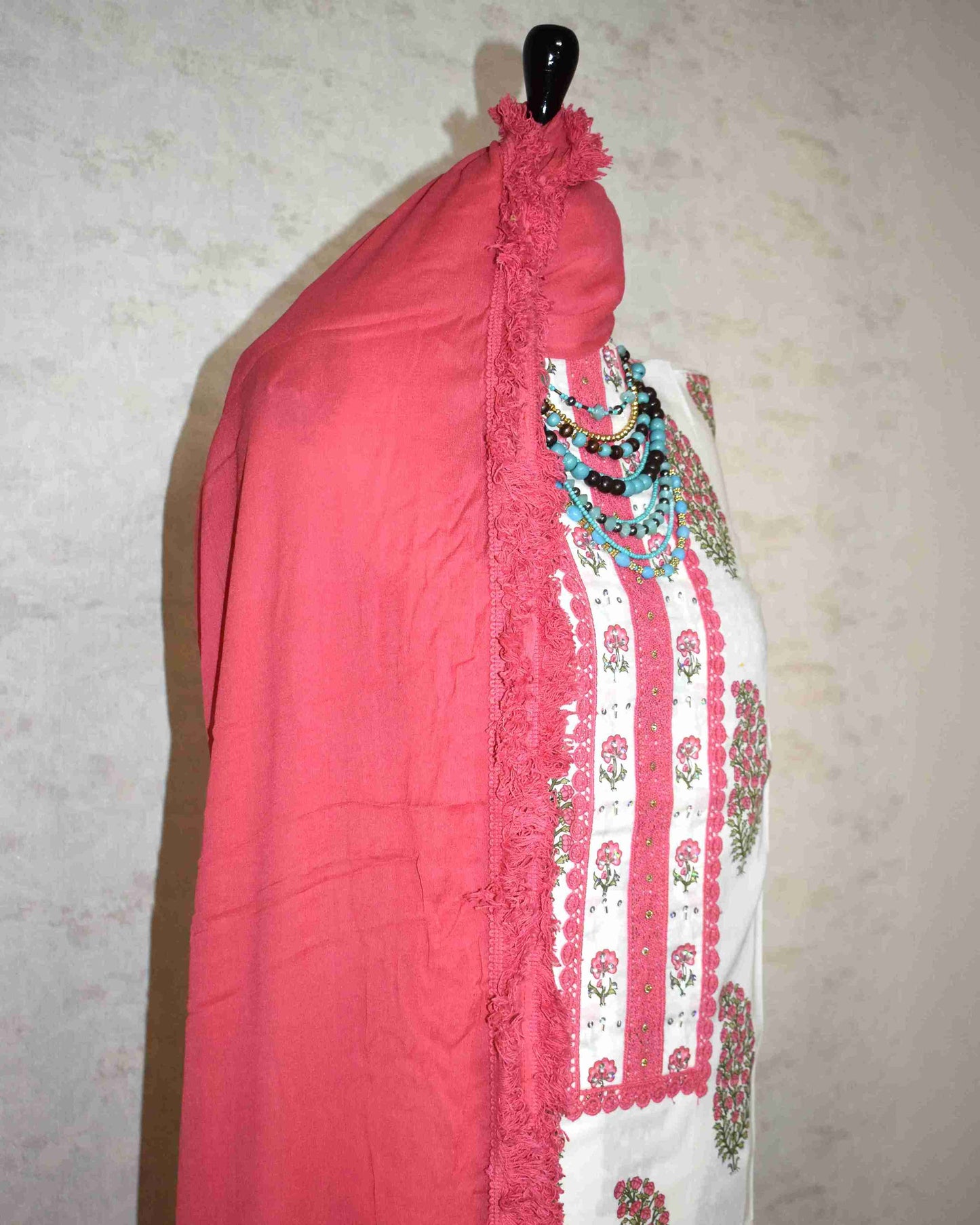 Pink Paisley Hand Block Printed Cotton Suit with Neckwork and Pure Chiffon Dupatta