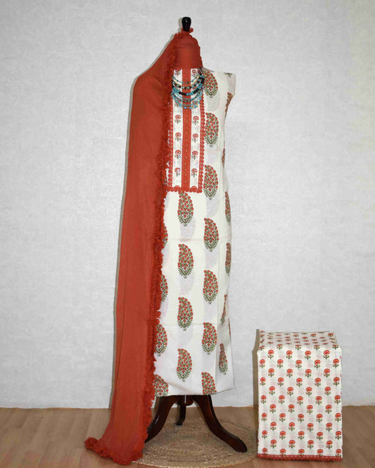 Rust Paisley Hand Block Printed Cotton Suit with Neckwork and Pure Chiffon Dupatta
