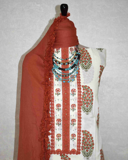 Rust Paisley Hand Block Printed Cotton Suit with Neckwork and Pure Chiffon Dupatta
