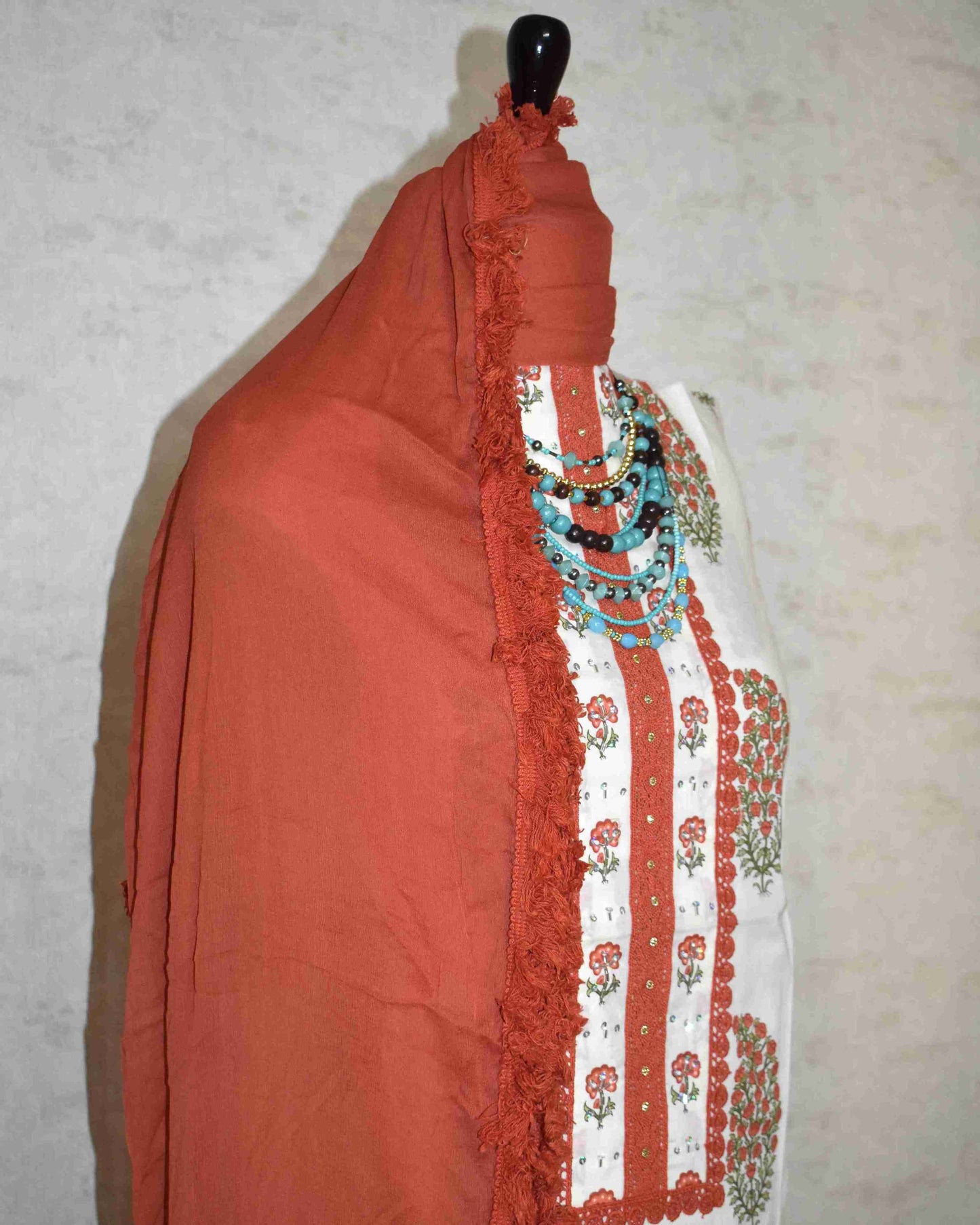 Rust Paisley Hand Block Printed Cotton Suit with Neckwork and Pure Chiffon Dupatta