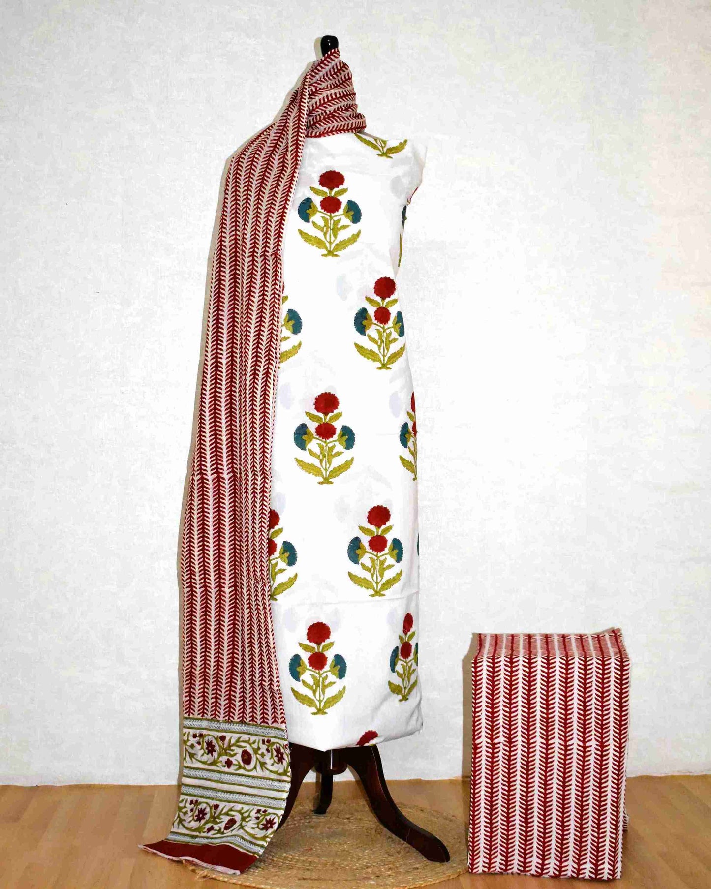 Red Mughal Floral Buta Hand Block Printed Cotton Suit with Malmal Dupatta