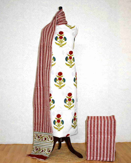 Red Mughal Floral Buta Hand Block Printed Cotton Suit with Malmal Dupatta