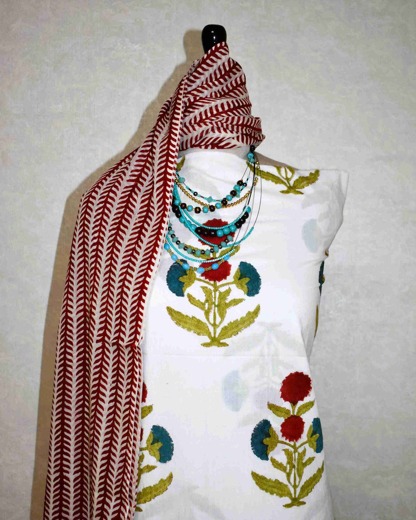 Red Mughal Floral Buta Hand Block Printed Cotton Suit with Malmal Dupatta