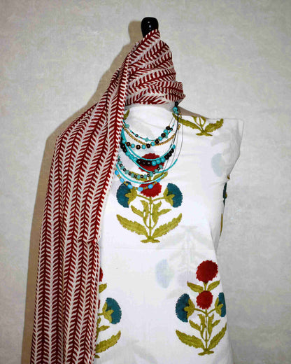 Red Mughal Floral Buta Hand Block Printed Cotton Suit with Malmal Dupatta