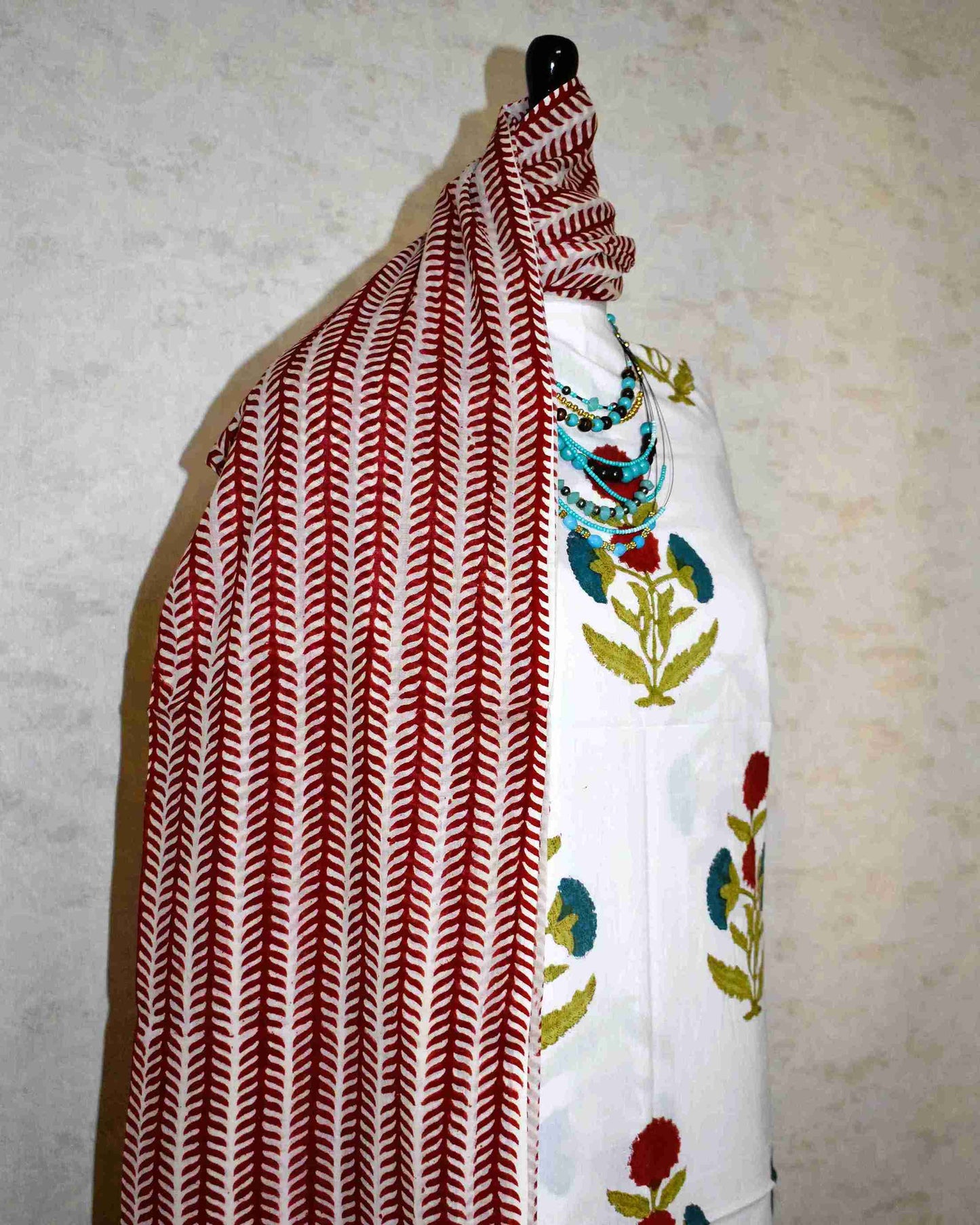 Red Mughal Floral Buta Hand Block Printed Cotton Suit with Malmal Dupatta