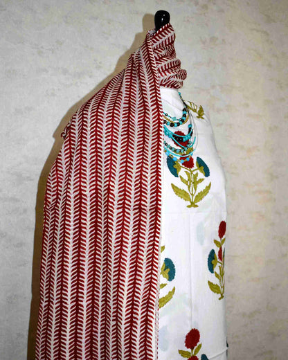 Red Mughal Floral Buta Hand Block Printed Cotton Suit with Malmal Dupatta