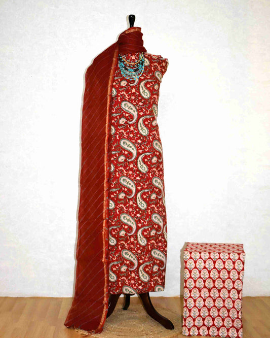 Red Paisley and Floral Hand Block Printed Cotton Suit with Kota Doria Lehriya Dupatta