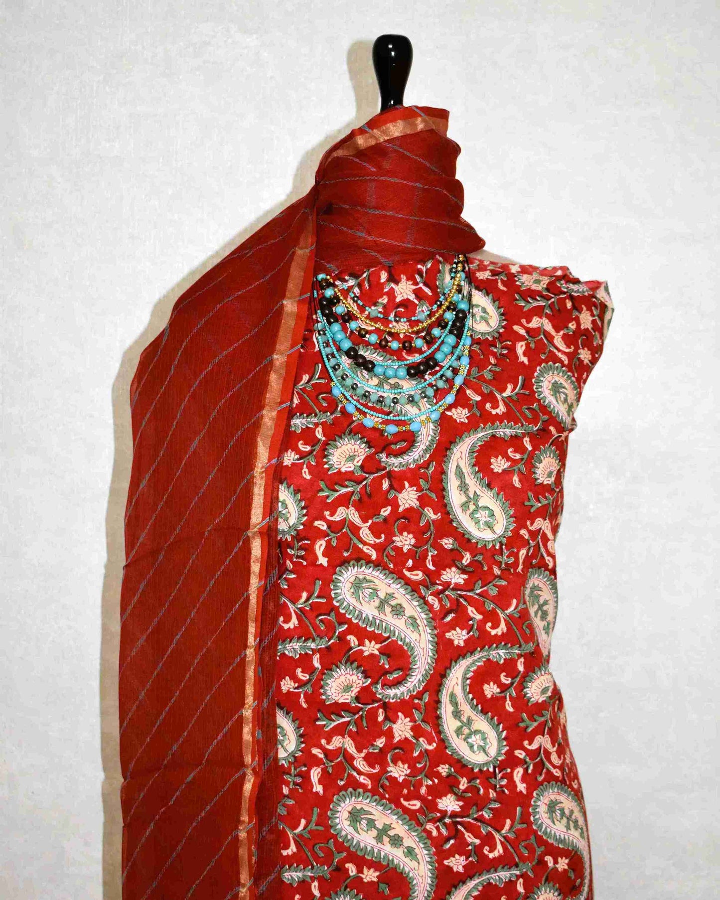 Red Paisley and Floral Hand Block Printed Cotton Suit with Kota Doria Lehriya Dupatta
