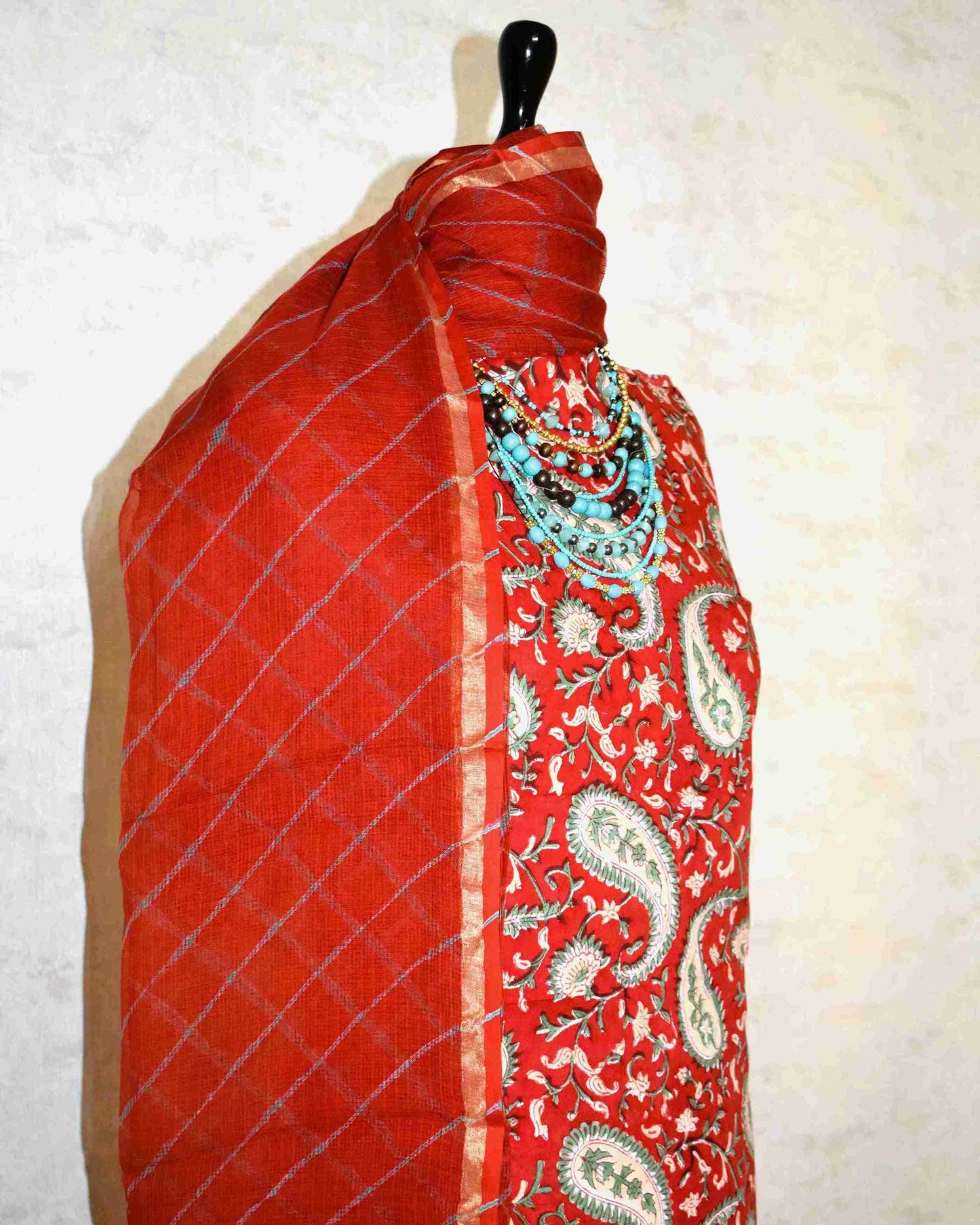 Red Paisley and Floral Hand Block Printed Cotton Suit with Kota Doria Lehriya Dupatta