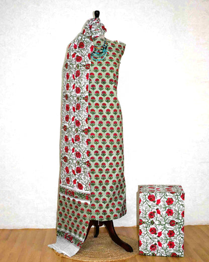 Red Floral Buti Hand Block Printed Cotton Suit with Malmal Dupatta