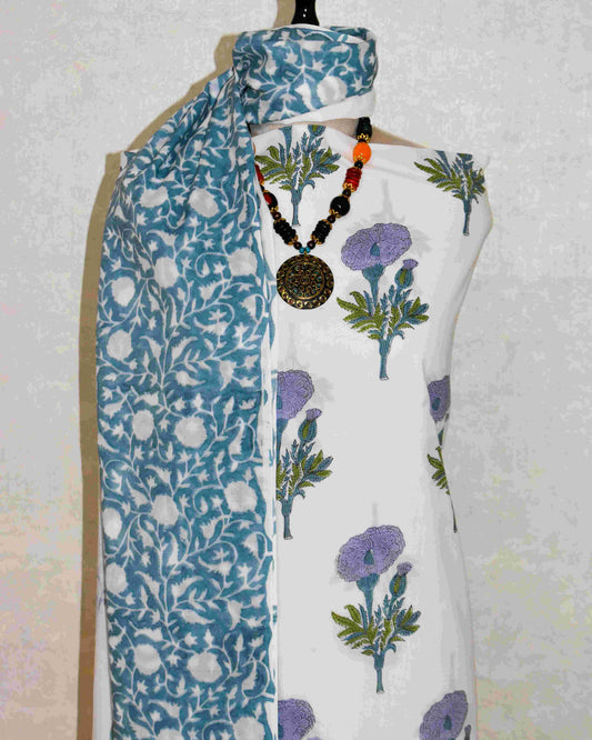 Purple Floral Hand Block Printed Cotton Suit with Malmal Dupatta - Curated edit