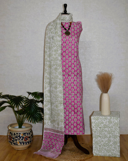 Pink small All-over Floral Buti Hand Block Printed Cotton Suit with Malmal Dupatta