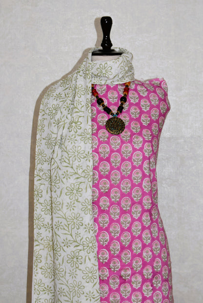Pink small All-over Floral Buti Hand Block Printed Cotton Suit with Malmal Dupatta