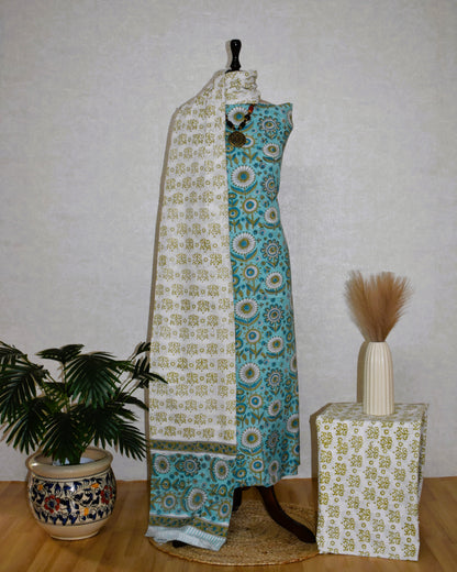 Blue All-over Floral Hand Block Printed Cotton Suit with Malmal Dupatta