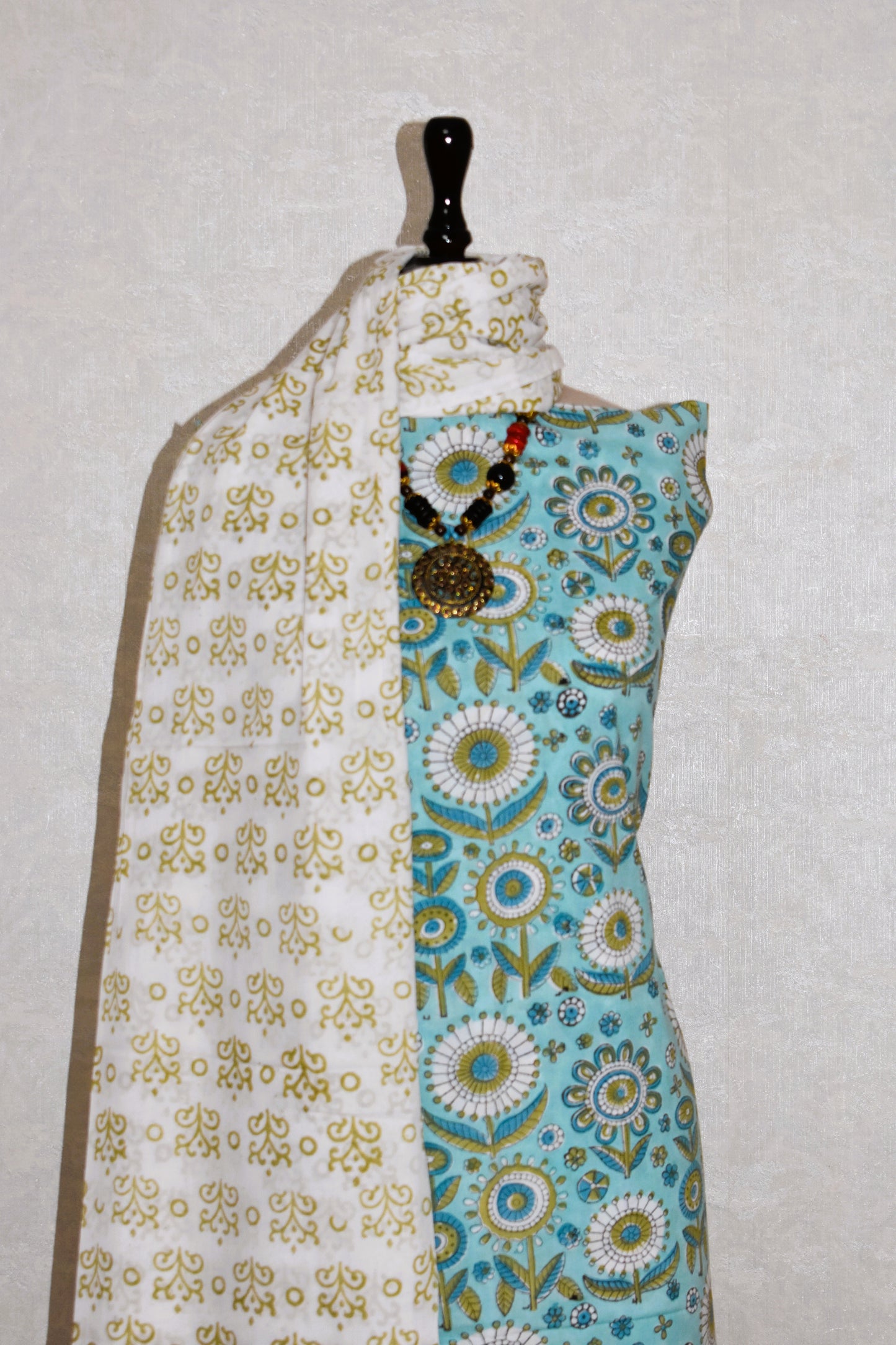 Blue All-over Floral Hand Block Printed Cotton Suit with Malmal Dupatta