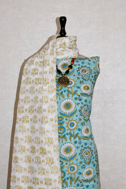 Blue All-over Floral Hand Block Printed Cotton Suit with Malmal Dupatta