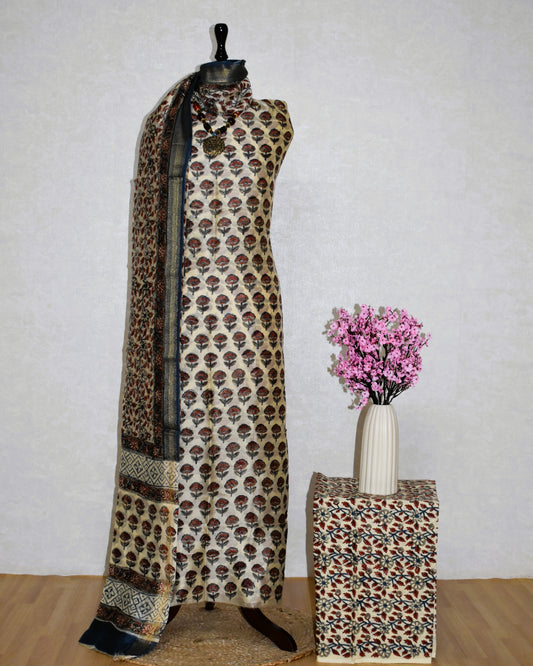 Sanganeri Red Small Floral Buti printed Maheshwari Silk Suit Set