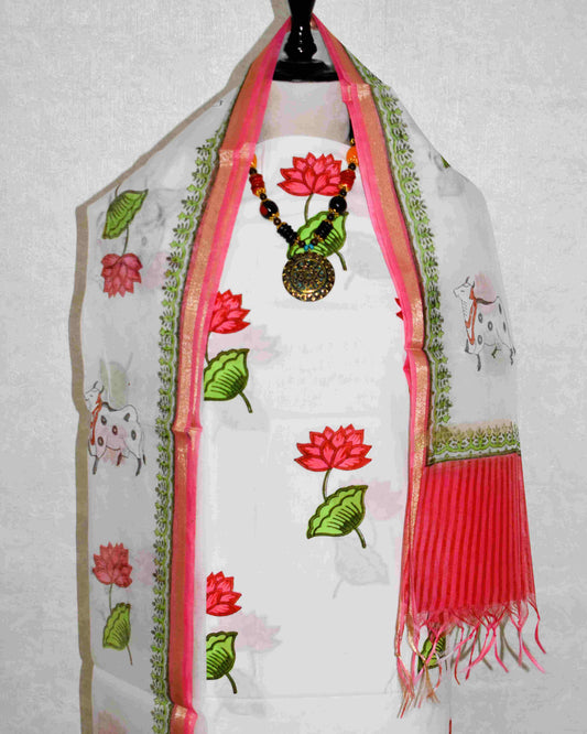 Hand Block Printed Premium Cotton Unstitched Suit with Pichwai Print & Chanderi Silk Dupatta - Curated Edit (EHCH0002)