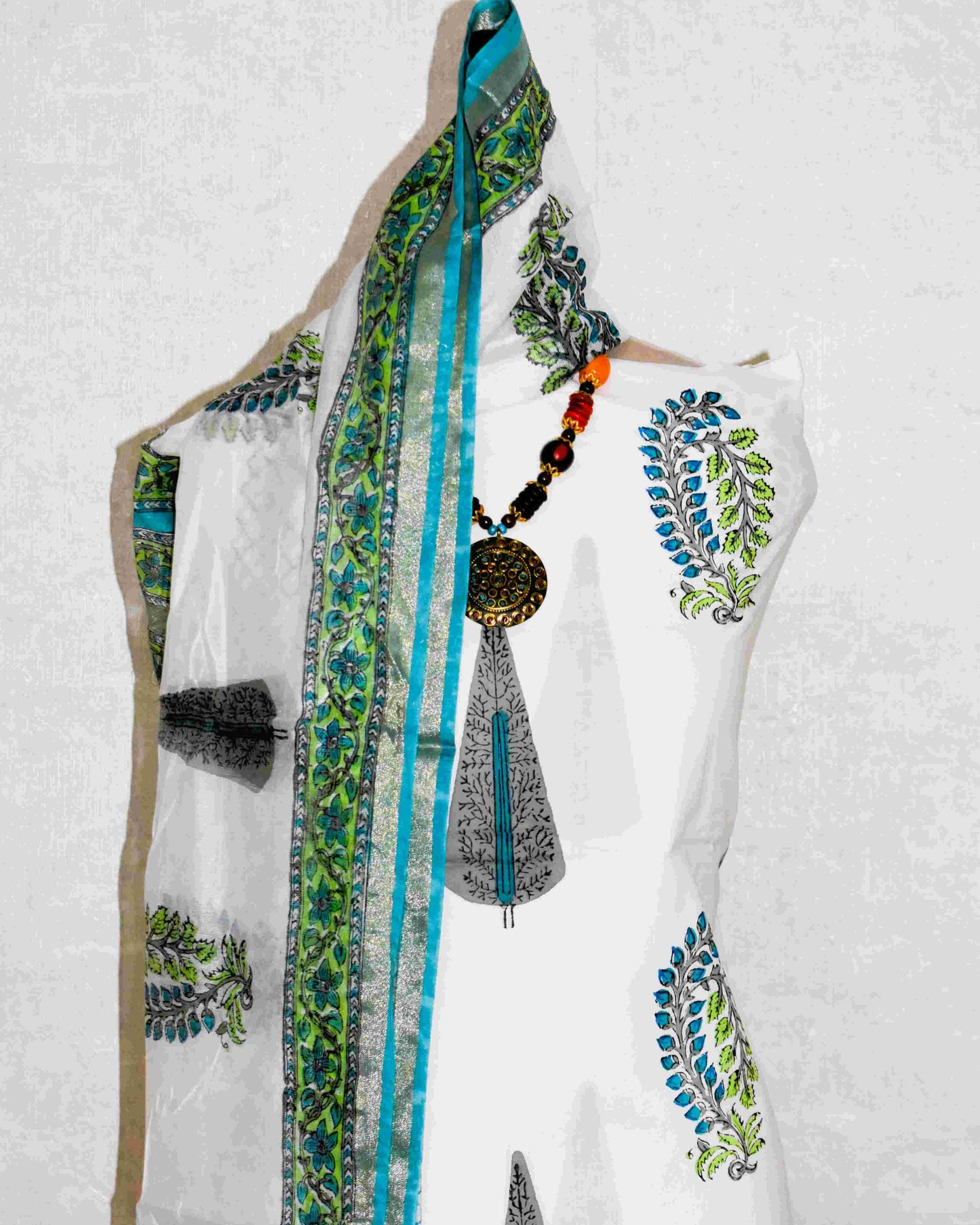 Hand Block Printed Premium Cotton Unstitched Suit with Sea Blue Floral Buta & Chanderi Silk Dupatta - Curated Edit (EHCH0004)