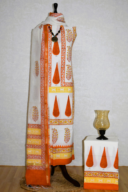 Hand Block Printed Premium Cotton Unstitched Suit with Saffron Mughal Floral Buta & Chanderi Silk Dupatta - Curated Edit (EHCH0005)