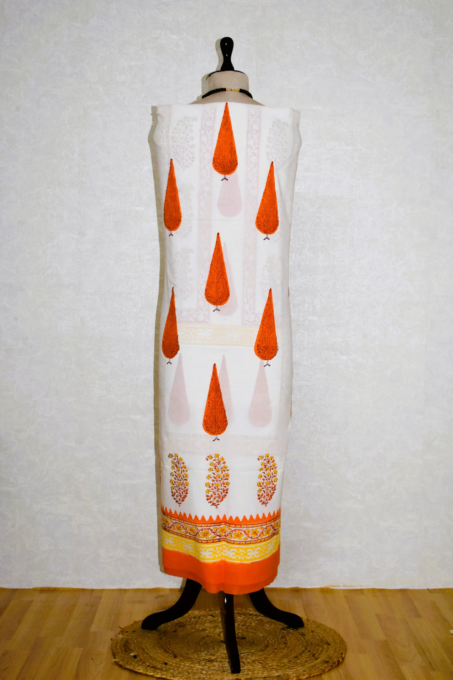 Hand Block Printed Premium Cotton Unstitched Suit with Saffron Mughal Floral Buta & Chanderi Silk Dupatta - Curated Edit (EHCH0005)