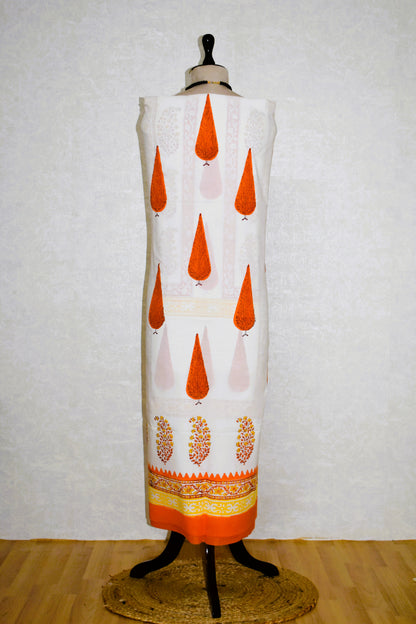 Hand Block Printed Premium Cotton Unstitched Suit with Saffron Mughal Floral Buta & Chanderi Silk Dupatta - Curated Edit (EHCH0005)