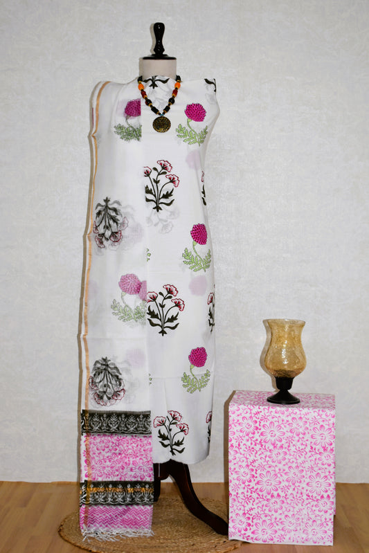 Hand Block Printed Premium Cotton Unstitched Suit with Pink Mughal Floral Buta & Kota Doria Dupatta - Curated Edit (EHKD0002)