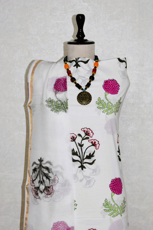 Hand Block Printed Premium Cotton Unstitched Suit with Pink Mughal Floral Buta & Kota Doria Dupatta - Curated Edit (EHKD0002)