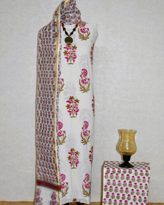 Hand Block Printed Premium Cotton Unstitched Suit with Pink Mughal Floral Buta & Kota Doria Dupatta
