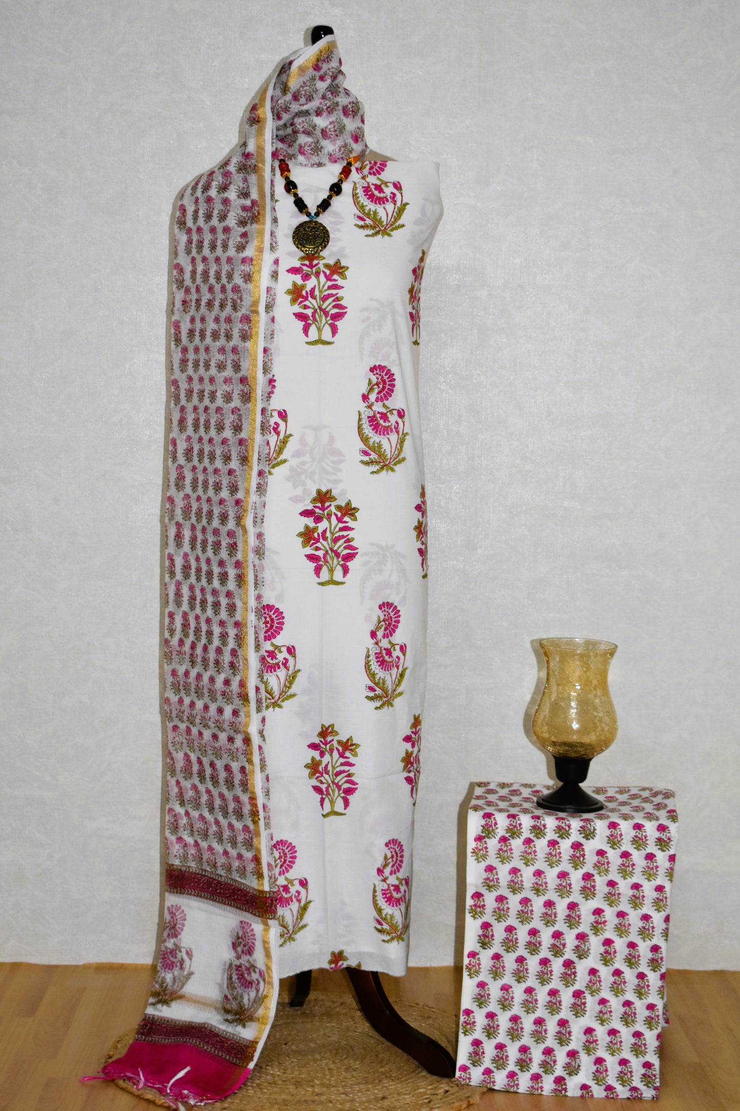 Hand Block Printed Premium Cotton Unstitched Suit with Pink Mughal Floral Buta & Kota Doria Dupatta