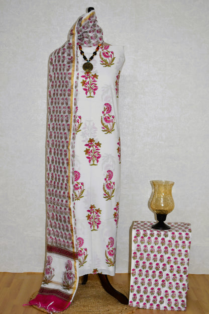 Hand Block Printed Premium Cotton Unstitched Suit with Pink Mughal Floral Buta & Kota Doria Dupatta