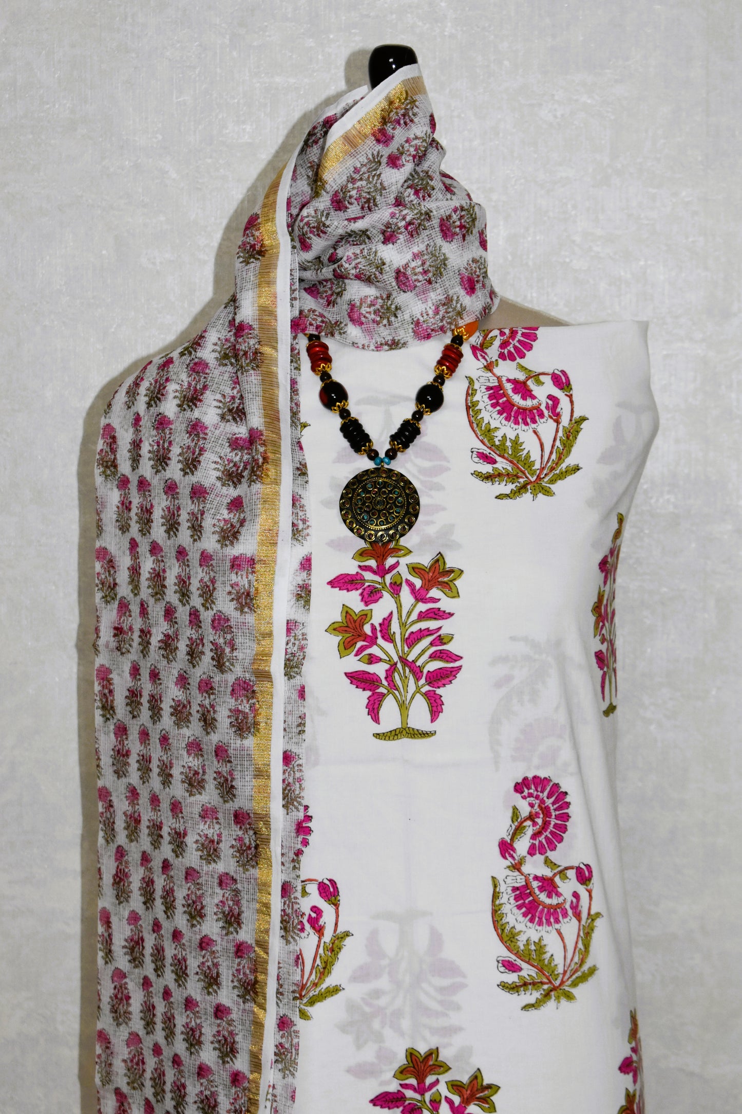 Hand Block Printed Premium Cotton Unstitched Suit with Pink Mughal Floral Buta & Kota Doria Dupatta
