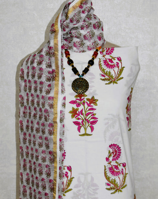 Hand Block Printed Premium Cotton Unstitched Suit with Pink Mughal Floral Buta & Kota Doria Dupatta
