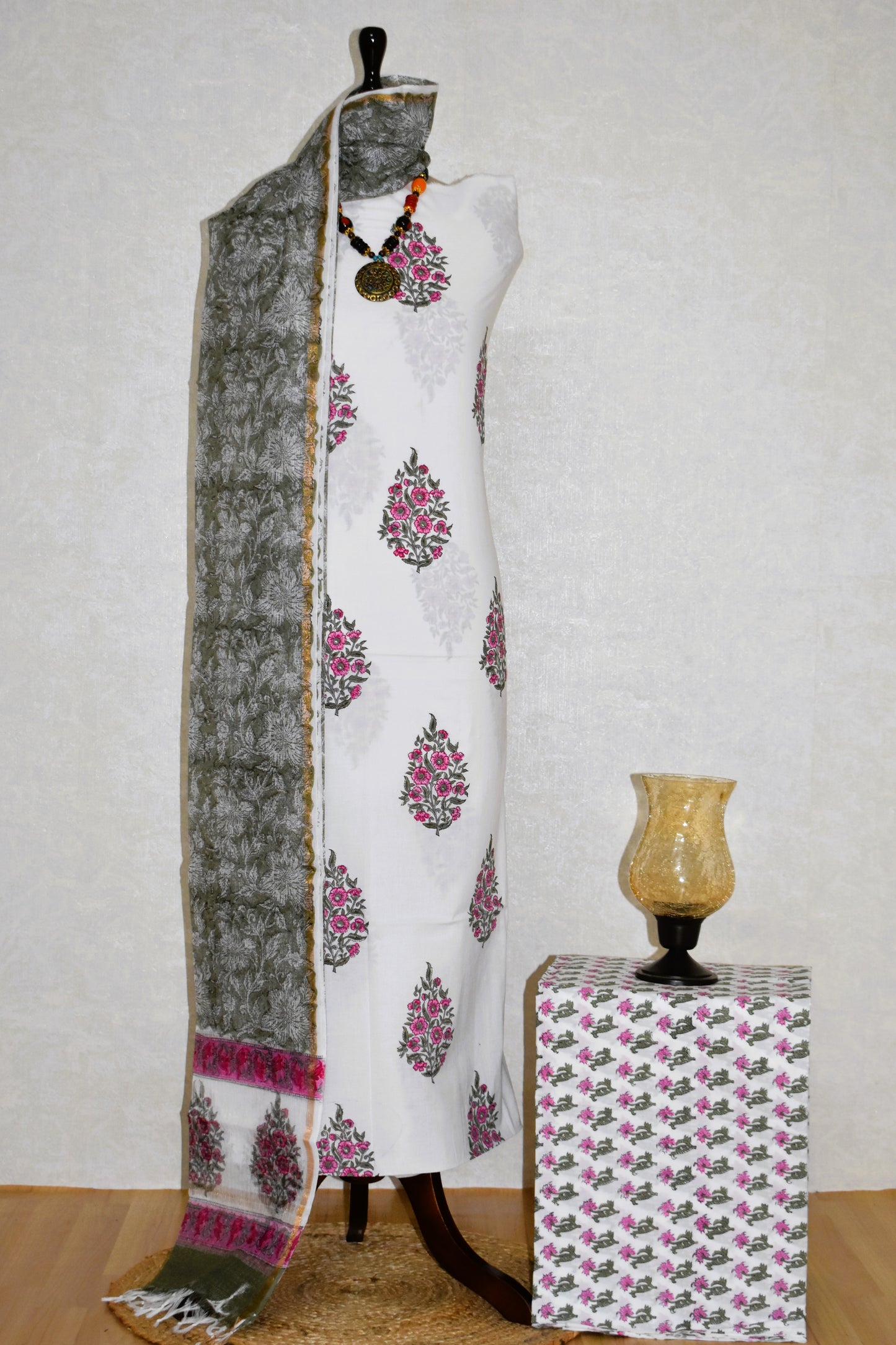 Hand Block Printed Premium Cotton Unstitched Suit with Pink Mughal Floral Buta & Kota Doria Dupatta