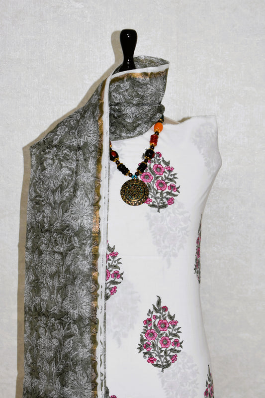 Hand Block Printed Premium Cotton Unstitched Suit with Pink Mughal Floral Buta & Kota Doria Dupatta