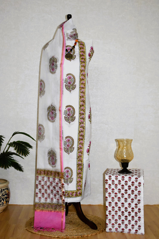 Hand Block Printed Premium Cotton Unstitched Suit with Pink Mughal Floral Buta & Kota Doria Dupatta - Curated Edit (EHKD0006)