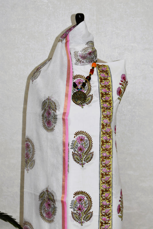 Hand Block Printed Premium Cotton Unstitched Suit with Pink Mughal Floral Buta & Kota Doria Dupatta - Curated Edit (EHKD0006)