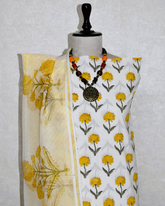 Hand Block Printed Premium Cotton Unstitched Suit with Yellow sunflower Buti & Kota Doria Dupatta - Curated Edit (EHKD0007)