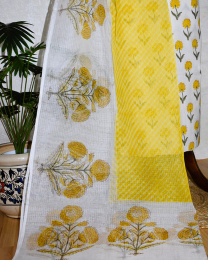 Hand Block Printed Premium Cotton Unstitched Suit with Yellow sunflower Buti & Kota Doria Dupatta - Curated Edit (EHKD0007)