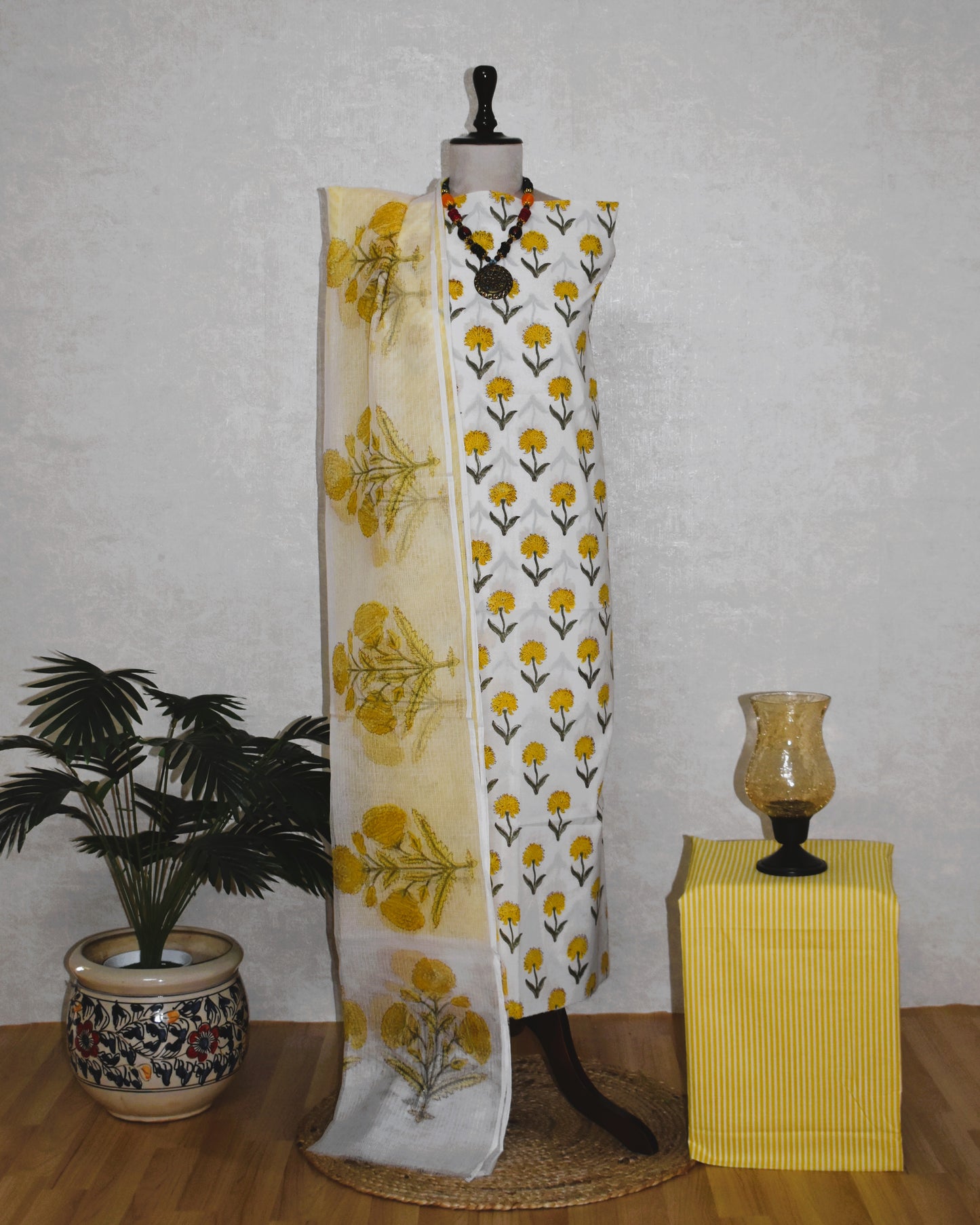 Hand Block Printed Premium Cotton Unstitched Suit with Yellow sunflower Buti & Kota Doria Dupatta - Curated Edit (EHKD0007)