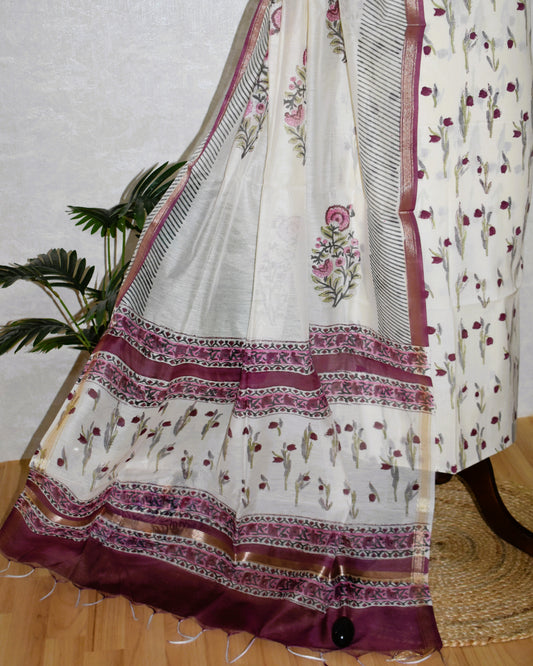 Hand Block Printed Premium Cotton Unstitched Suit with Purple Tulip Buti & Kota Doria Dupatta - Curated Edit (EHKD0008)