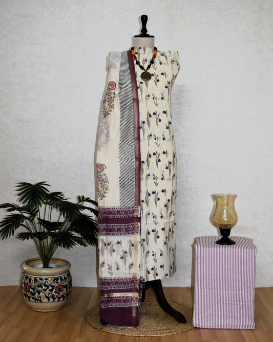 Hand Block Printed Premium Cotton Unstitched Suit with Purple Tulip Buti & Kota Doria Dupatta - Curated Edit (EHKD0008)